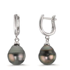 Aro con bisagra Plata Rodio plateado Perla de Tahití, 2 Perlas 9-10 mm