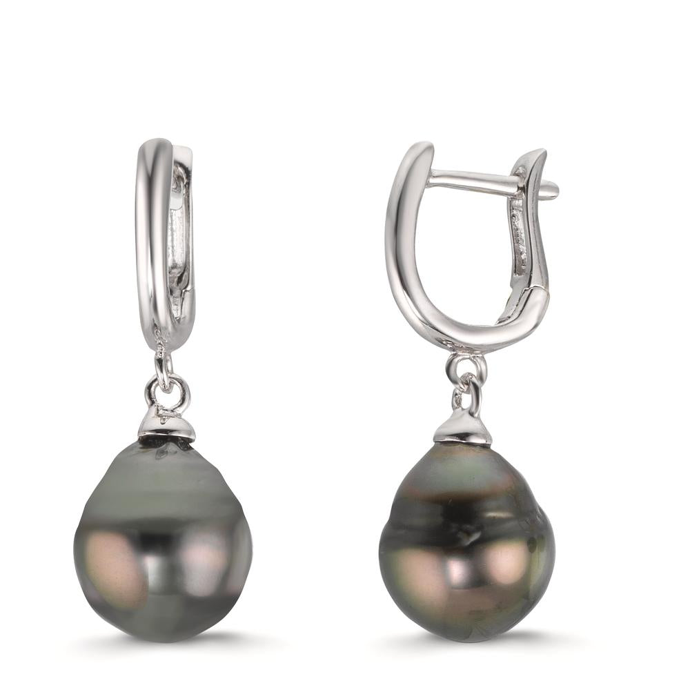 Aro con bisagra Plata Rodio plateado Perla de Tahití, 2 Perlas 9-10 mm