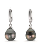 Aro con bisagra Plata Rodio plateado Perla de Tahití, 2 Perlas 9-10 mm