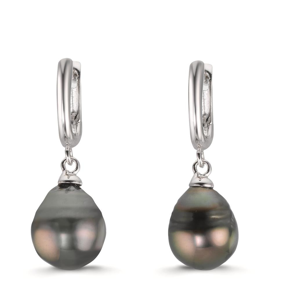 Aro con bisagra Plata Rodio plateado Perla de Tahití, 2 Perlas 9-10 mm