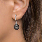 Aro con bisagra Plata Rodio plateado Perla de Tahití, 2 Perlas 9-10 mm