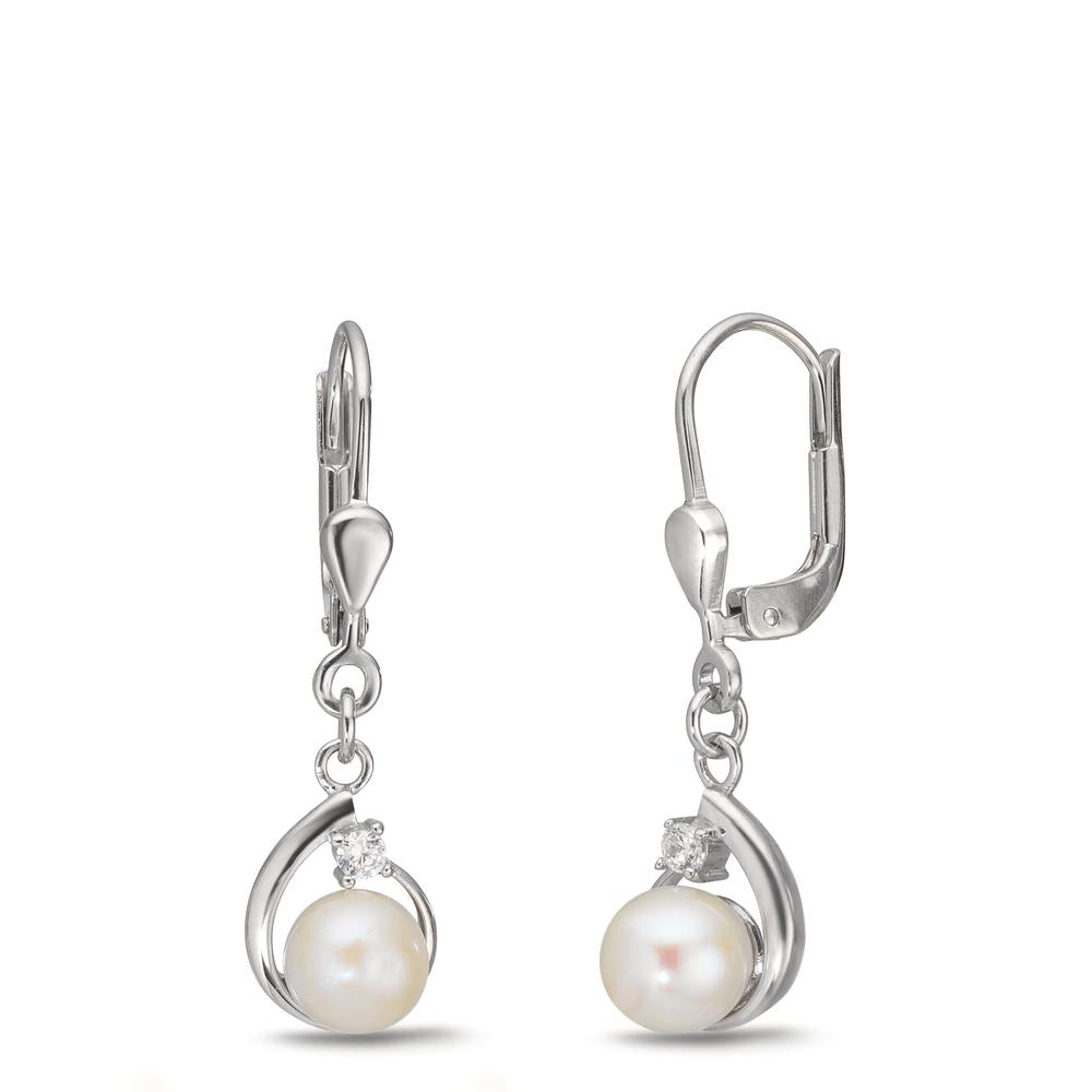 Pendientes Plata Circonita 2 piedras Rodio plateado Perla cultivada de agua dulce, 2 Perlas, 5.5 mm