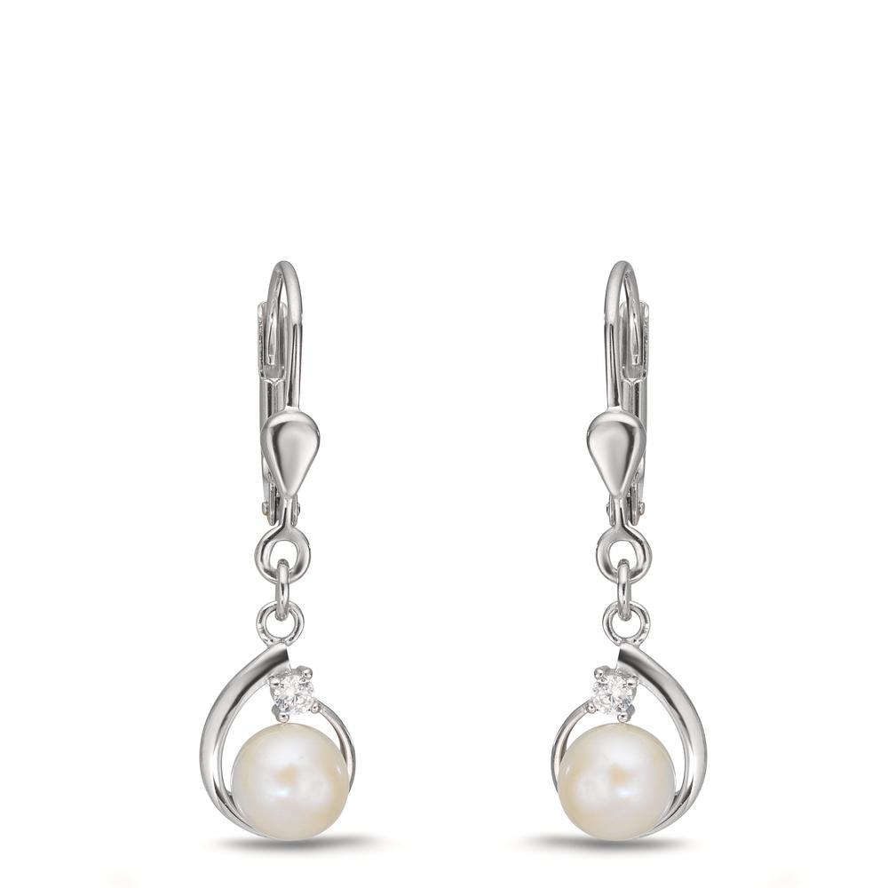 Pendientes Plata Circonita 2 piedras Rodio plateado Perla cultivada de agua dulce, 2 Perlas, 5.5 mm