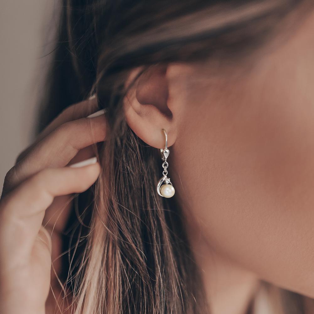 Pendientes Plata Circonita 2 piedras Rodio plateado Perla cultivada de agua dulce, 2 Perlas, 5.5 mm