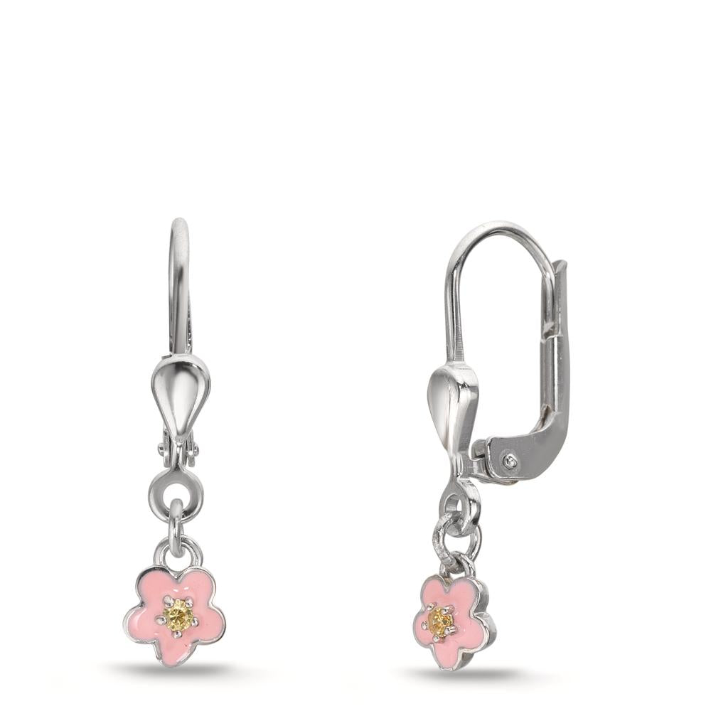 Pendientes Plata Circonita amarillo, 2 piedras Rodio plateado Flor