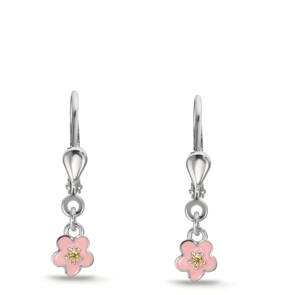 Pendientes Plata Circonita amarillo, 2 piedras Rodio plateado Flor