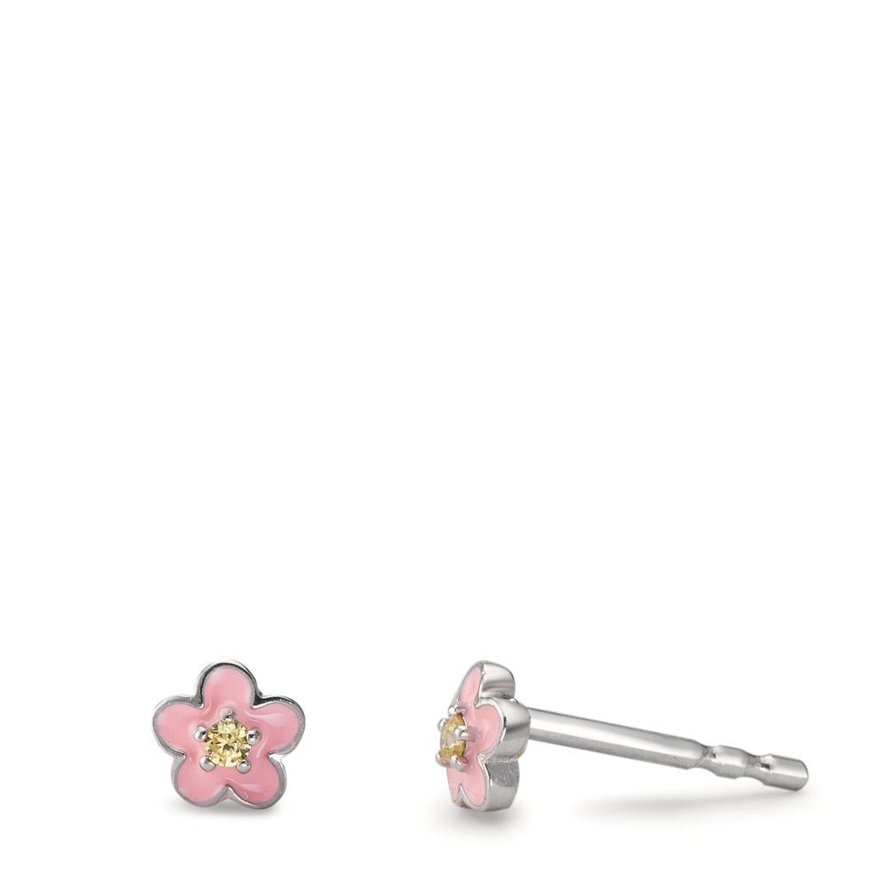 Pendientes Plata Circonita amarillo, 2 piedras Rodio plateado Flor Ø4.5 mm