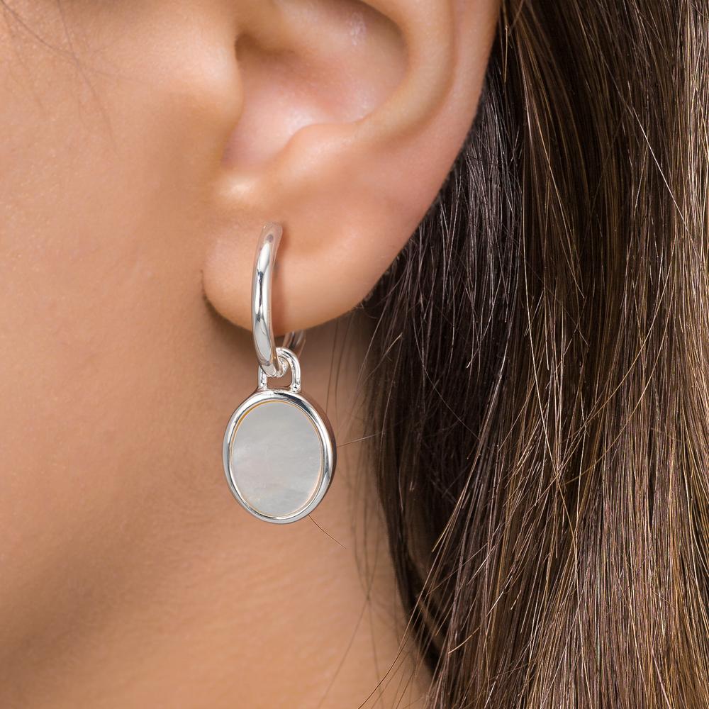 Aros con colgante Plata Madre perla blanco, 2 Perlas 9-9.5 mm Ø14 mm