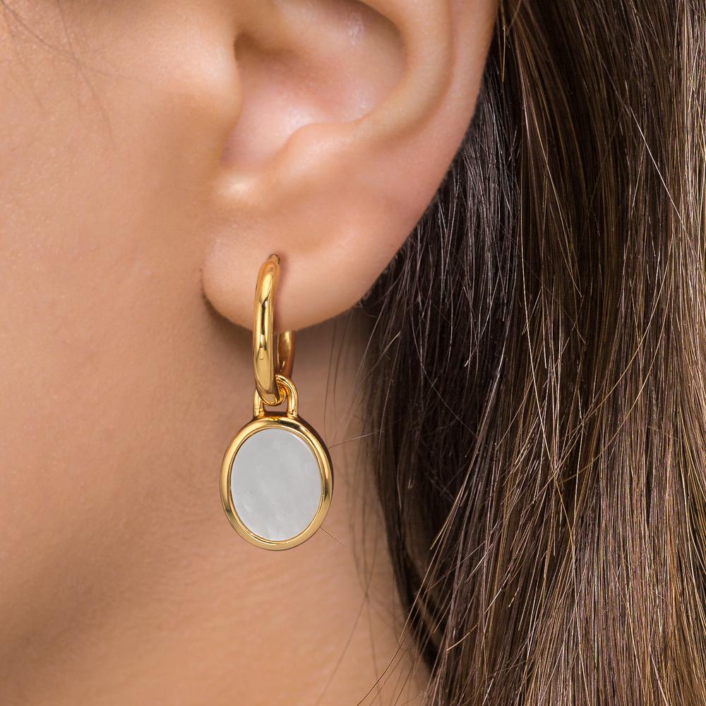 Aros con colgante Plata Amarillo Dorado Madre perla blanco, 2 Perlas 9-9.5 mm Ø14 mm
