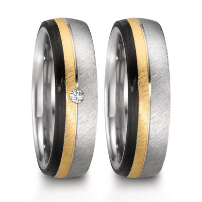 Anillo de pareja Acero inoxidable, Oro rosa 375/9k, Carbón Diamante 0.025 ct, w-si