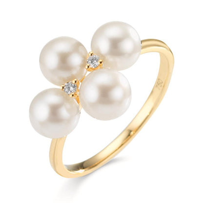 Anillo de dedo 750/oro amarillo de 18 quilates Diamante 0.30 ct, 2 piedras, w-si Perla cultivada de agua dulce, 4 Perlas 5.5-6 mm